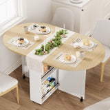 Garvee 3-in-1 Folding Drop Leaf Oval Dining Table - Rolling Kitchen Table with Locking Casters - Wine Rack, Cup Holder & Storage Drawer - Space-Saving for Small Apartments/RVs - White/Natural Wood - White + Natural Wood