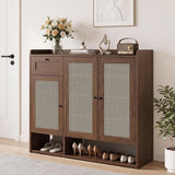 Garvee Wooden Shoe Storage Cabinet with Rattan Doors & Drawer, Narrow Freestanding Entryway Shoe Organizer with Adjustable Shelves for Hallway/Living Room - Walnut - Light Wood