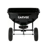 Garvee 125L Tow Behind Broadcast Spreader – Large Capacity – 30 Adjustable Settings – 9.8ft Spreading Width – Global Hitch for UTV, ATV, Riding Mower, Tractors – Spreads Fertilizer, Seed, Salt, Ice Melt – Heavy-Duty All-Terrain – Black (Douzi) + Black Rod - Red (Bucket) + Black Rod White Wheel Hub