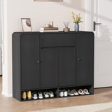 Garvee Modern Black Shoe Cabinet – 4 Doors & 1 Drawer – Adjustable Shelves & Open Bottom Shelf, Narrow Freestanding Wooden Organizer for Entryway, Hallway, Living Room – Black Embossed - Natural Wood Color