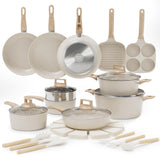 Garvee 31-Piece Nonstick Cookware Set Ceramic Coating Even Heating Aluminum with Woodgrain Handles Tempered Glass Lids Ideal for Home Kitchens - Cream