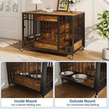 Garvee Furniture Style Wooden Dog Crate with Triple Doors – Heavy Duty Indoor Kennel, End Table Design, Wheels & Feeding Bowls, Decorative Pet Cage for Medium/Large Dogs – Antique Brown - Antique Brown