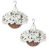 Garvee Lifelike Artificial Geranium Hanging Baskets Set of 2 – 24 Silk Flower Bundles – Durable Brown Coconut Fiber Basket – Indoor Outdoor Home, Garden, Porch, Patio, Balcony Decor – White - Pink