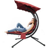 Garvee Dreamy Comfort Hammock – Outdoor Hanging Chaise Lounge Chair with Removable Canopy, Curved Steel Frame, Cushion & Pillow, Weather-Resistant Swing for Patio, Garden, Porch, Backyard – Dreamy Hammock + Red Mat