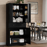 Garvee Modern Tall Freestanding Pantry Cabinet - 4 Doors, 7 Adjustable Shelves, 1 Drawer - Multi-Functional Storage Cupboard for Kitchen, Dining Room, Living Room, Bathroom, Laundry - Black Embossed