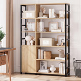 Garvee 5-Tier Industrial Office Bookshelf with Doors – 71" Tall Narrow Bookcase – Adjustable Shelves, Storage Cabinet, Protective Rails, Metal Frame – Open Display for Living Room, Study – Natural Wood + Black Baked Paint - Natural