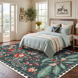 Garvee Washable Area Rug - Vintage Floral Botanical Carpet, Soft Low Pile, Non-Slip, Non-Shedding, Collapsible Floor Cover for Living Room, Bedroom, Nursery, Blue-Green, 8x10ft (244x305cm), USA - Flower-Blue