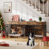Garvee Modern Double Dog Crate Furniture for 2 Small or Medium Dogs – Indoor Wooden Kennel with 4 Storage Drawers, 4 Doors, Feeding Bowls, TV Stand – Brown - Brown