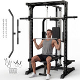 Garvee Multi-Function Smith Machine Power Cage Squat Rack for Home Gym – LAT Pulldown, Low Row, Pull-Ups, Bench Press & Rows – Heavy Duty Strength Training Equipment, Black