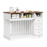 Garvee Farmhouse Dog Crate Furniture with Bowls & Storage Drawers – Decorative Indoor Kennel Table – Wooden Dog Cage for Medium/Large Breeds – Multi-Functional Dog House – Classic Color + White (Cabinet Body, Iron Frame, Handle) - White