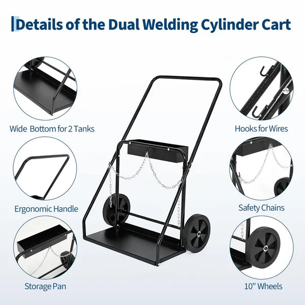 Garvee Welding Cylinder Cart Heavy Duty Carbon Steel Oxygen Acetylene Tank Cart with Handle and Chains for Workshops and Industrial Use, 10-Inch Wheels, Black
