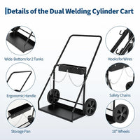Garvee Welding Cylinder Cart Heavy Duty Carbon Steel Oxygen Acetylene Tank Cart with Handle and Chains for Workshops and Industrial Use, 10-Inch Wheels, Black