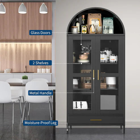Garvee Tall Black Arched Metal Storage Cabinet with Glass Doors – 2 Adjustable Shelves, Drawer, Modern Freestanding Entryway Organizer – Pantry Display Cabinet for Living or Dining Room, Easy Assembly, Color: Black
