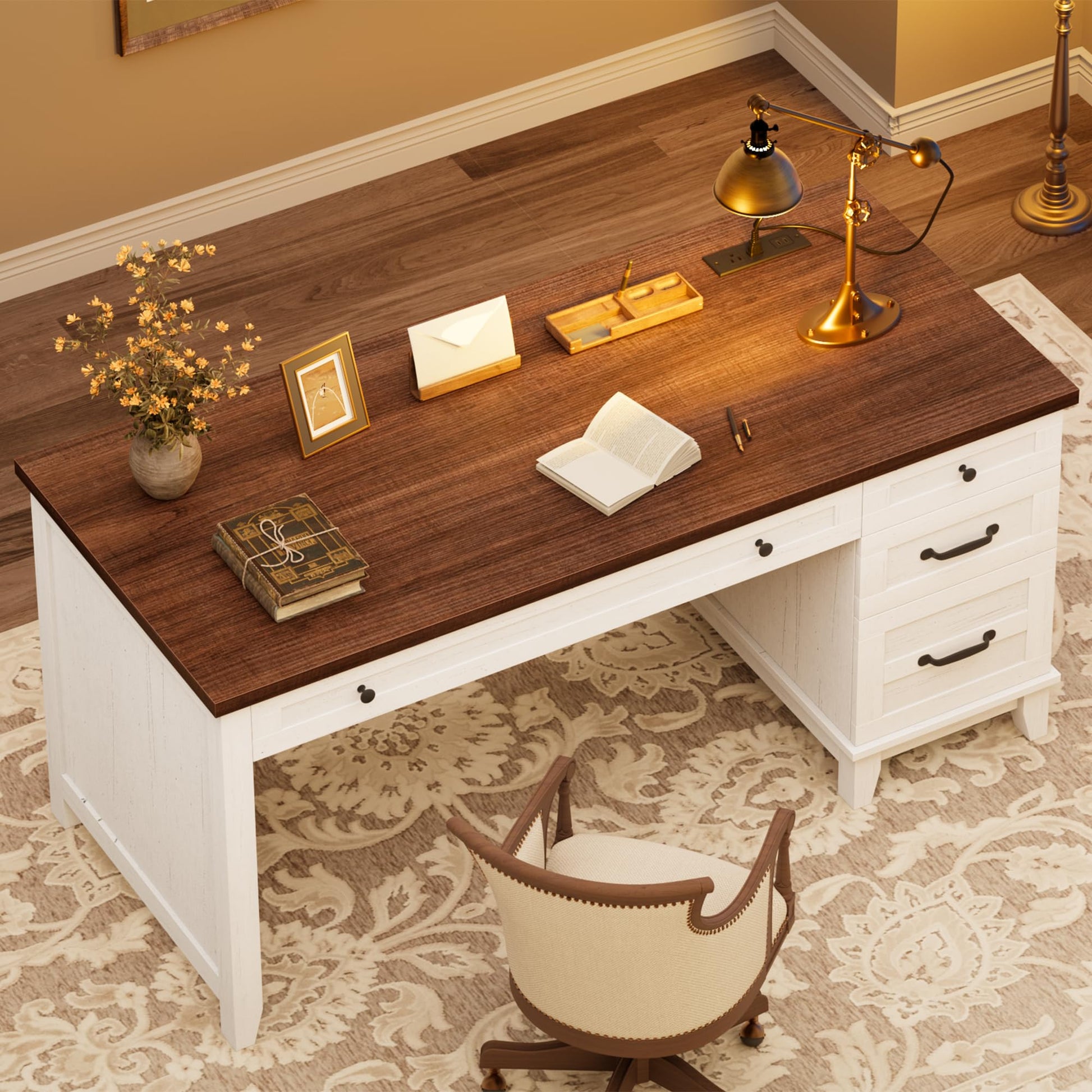 Garvee 53.5" Farmhouse Executive Office Desk with Power Outlets & USB Ports – Wooden Computer Desk – Adjustable File Cabinet – Storage Drawers – Charging Station, Brown and White Contrast