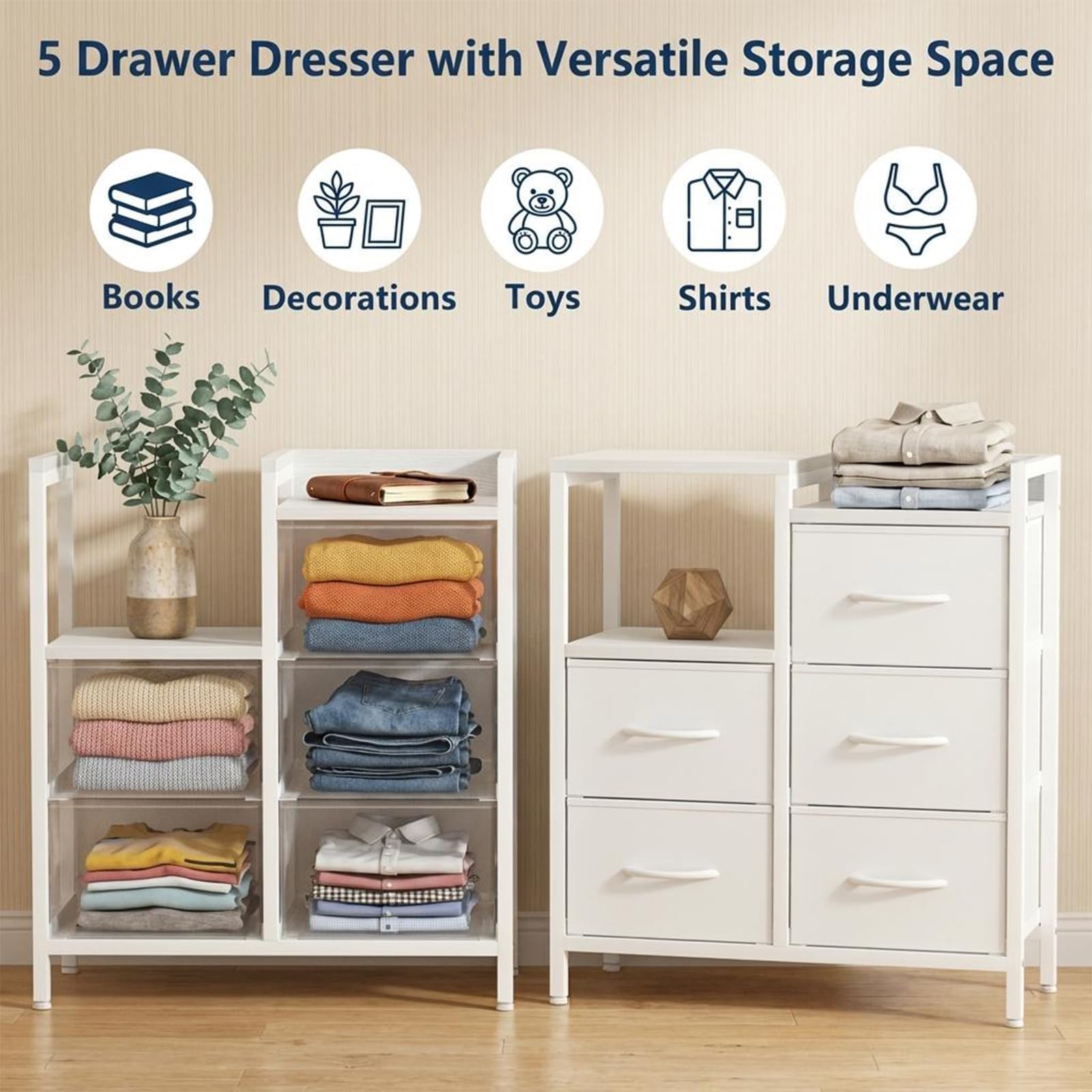 Garvee 5 Drawer Mobile File Cabinet with Open Storage Shelf, Rolling Printer Stand and Fabric Lateral Filing Cabinet for Home Office, Fits A4 or Letter Size Files, White