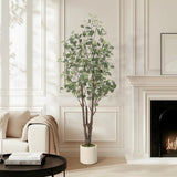 Garvee Artificial Eucalyptus Tree with 50 LED Lights – 6FT Faux Indoor Floor Plant in White Planter – Realistic Decorative Silk Tree for Home, Living Room, Office Spaces – 6FT - 7Ft
