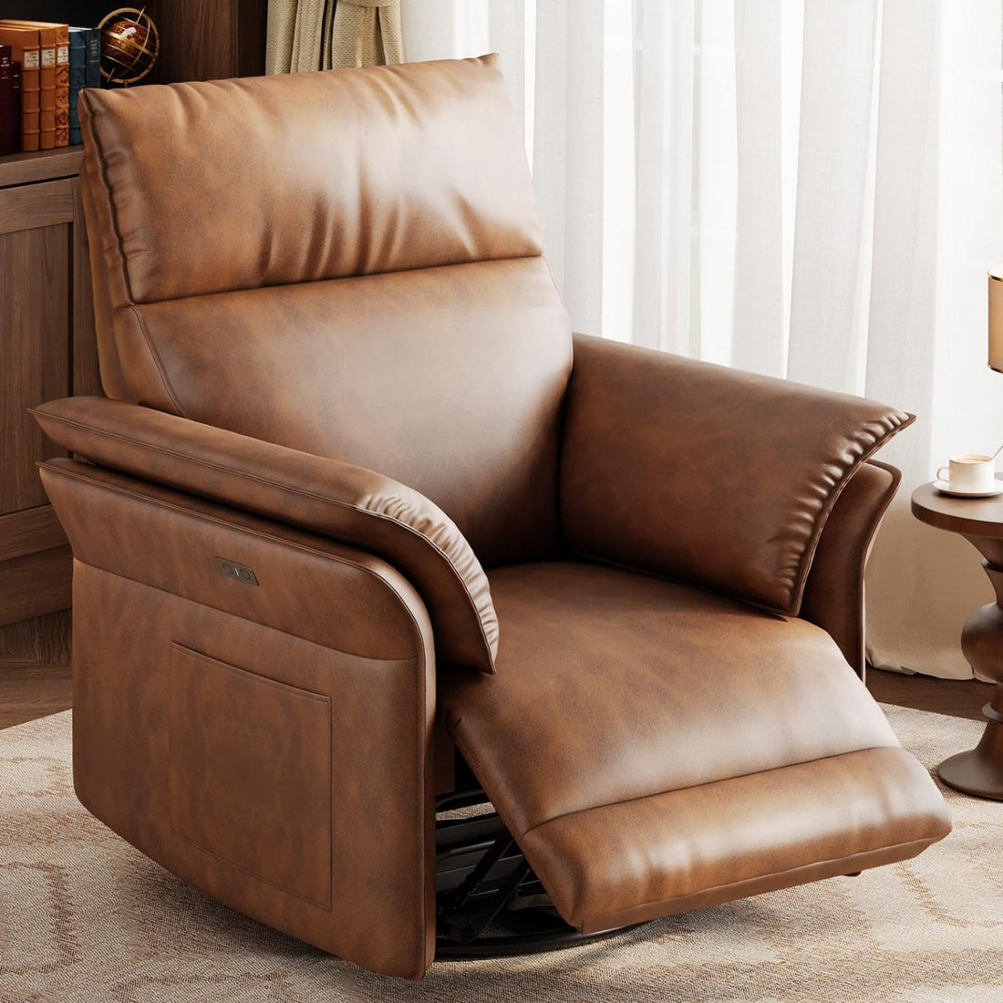 Garvee Power Swivel Glider Recliner with USB Port, 270° Swivel & Double-Layer Armrests, Rocking, PU Leather Power Recliner Chair for Living Room, Nursery, Brown