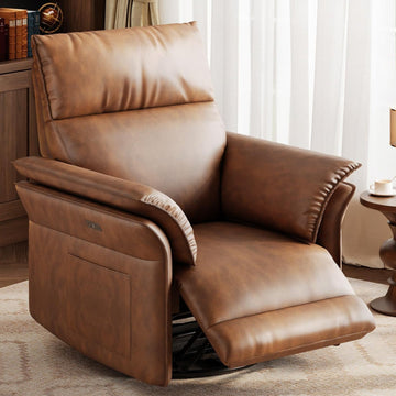 Fauteuil inclinable motorisé pivotant Garvee avec port USB, pivotant à 270° et accoudoirs double couche, à bascule, en cuir PU, pour salon, chambre de bébé, marron
