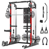 Garvee 2000LB Power Cage Squat Rack with Dual Pulley Cable Crossover - Multi-Function Strength Training Equipment for Home Gym - Full Body Workout Rack with Attachments - PN082N2 Red Column (Complies with FedEx 110 lb Rule) - Pn082N2 Orange Column (To Comply With Fedex'S New 110-Pound Rule)