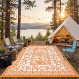 Garvee Waterproof Reversible Outdoor Rug 9x12ft - Botanical Floral Patio Mat - UV Resistant, Collapsible, Lightweight, Easy Clean - Great for Camping, RV, Deck, Porch, Balcony, Backyard, Picnic, Beach - Orange/White, USA - Orange & White