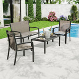 Garvee Modern 4-Piece Patio Conversation Set – 2 Single Chairs, Loveseat & Tempered Glass Table – Metal & Textilene Sofa Set, Space-Saving, Easy Care, For Backyard, Balcony, Poolside, Light Brown - Light Brown