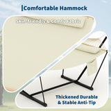 Garvee 12FT Large Double Hammock with Adjustable Steel T-Shaped Stand – 2 Person Outdoor Swing Bed – Wooden Spreader Bar, Detachable Pillow & Chains – Heavy Duty Freestanding Hammock for Patio, Garden, Backyard – Off-color shade, 12FT - Light-Dark Blue Stripe
