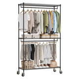 Garvee Heavy Duty Portable Clothing Rack - 3-Tier Adjustable Wire Shelves - Double Hanging Rods - Lockable Wheels - Freestanding Closet Organizer for Bedroom, Laundry Room, Balcony - Black
