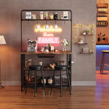 Garvee Industrial Kitchen Island with Power Outlet – 3-Tier Vintage Storage Table – 2 Bar Stools & 5 Hooks – Bakers Rack Microwave Stand – Space-Saving Coffee Bar for Dining or Living Room – 42 Inches, Vintage Color