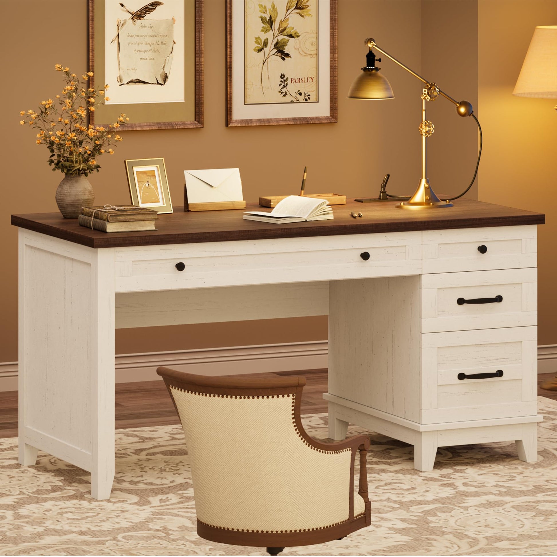 Garvee 53.5" Farmhouse Executive Office Desk with Power Outlets & USB Ports – Wooden Computer Desk – Adjustable File Cabinet – Storage Drawers – Charging Station, Brown and White Contrast