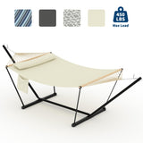 Garvee 12FT Large Double Hammock with Adjustable Steel T-Shaped Stand – 2 Person Outdoor Swing Bed – Wooden Spreader Bar, Detachable Pillow & Chains – Heavy Duty Freestanding Hammock for Patio, Garden, Backyard – Off-color shade, 12FT - Light-Dark Blue Stripe