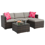 Garvee 5-Piece Outdoor Patio Sofa Set – All-Weather Brown Rattan Sectional with Light Grey Cushions, Tempered Glass Coffee Table, Modern Wicker Conversation Furniture for Garden, Balcony, Porch, Poolside – Brown Rattan/Light Grey Cushion - Brown Four-Line Rattan + Khaki Cushion + Red Pillow
