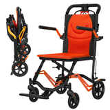 Garvee Portable Lightweight Folding Transport Chair, Ultra Lightweight, Locking Handbrake, Removable Flip Armrests, Aluminum Alloy, Swinging Footrests, Supports 220 lbs, Indoor & Outdoor Use - Black-Orange