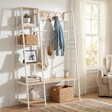 Garvee Industrial Hall Tree with Bench and 5-Tier Side Shelves – 11 Removable Hooks for Coats and Bags – Entryway Organizer with Shoe Storage – Space-Saving Freestanding Design – Matte White + Natural Wood - Matte White + Natural Wood