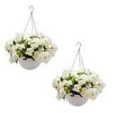 Garvee UV-Resistant Artificial Geranium Hanging Baskets, 2-Pack Faux Silk Flowers - 26cm Half-Round White Plastic Planters w/ Iron Chain Hangers - Indoor/Outdoor Porch Patio Balcony Garden Decor - Color: White