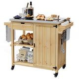 Garvee Quality Solid Wood Grill Cart – Outdoor BBQ Prep Table with Stainless Steel Top, Storage Cabinet, Drawer, Spice Rack, Open Shelves, Lockable Wheels – Rolling Kitchen Island for Patio, Garden, Backyard – Color: Solid Wood