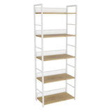 Garvee Industrial 5-Tier Tall Narrow Bookshelf – Metal Frame & Wood Shelves – Guard Panels & Freestanding Storage Rack – Modern Display for Bedroom, Living Room, Home Office – Matte white + natural wood - Matte Black + Natural Wood