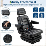 Garvee Global Heavy Duty Suspension Seat for Tractors & Forklifts – Adjustable Armrests & Headrest, 3-Stage Shock Absorber, Slide Rails, Seat Belt – Backrest Reclines 0-120° – Ideal Operator Replacement Seat – Armrest Adjustable Angle 90°