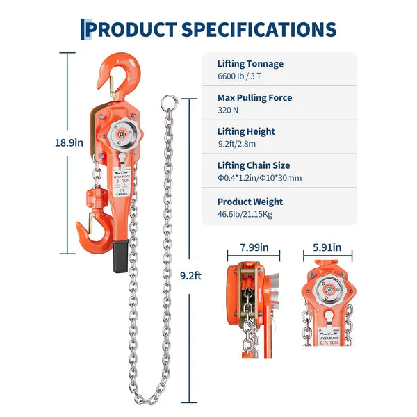 Garvee Manual Lever Chain Hoist 3 Ton G80 Galvanized Steel Chain Weston Double Pawl Brake 360° Swivel Hook Compact Design for Garage Factory Dock