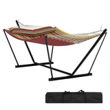 Garvee Heavy Duty Double Hammock with Steel Stand, 2 Person – Padded Polyester Bed, Soft Pillow, 450lbs Capacity, Portable, Easy Assembly, Weather-Resistant, Carry Bag – Burgundy brown stripes - Green Banana Leaf Color