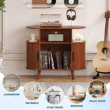 Garvee Mid-Century Modern Fluted Wood Record Player Cabinet Table – Built-in Charging Station & USB – Large Vinyl Storage – Open Display Shelf – Color: Walnut