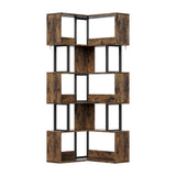 Garvee Space-Saving L-Shaped 6-Tier Corner Bookshelf – Tall Freestanding Metal & Wood Storage Rack with Baffle – Modern Industrial Display Shelf for Living Room, Bedroom, Home Office – Rustic Brown (Fire Cloud Color) - Black