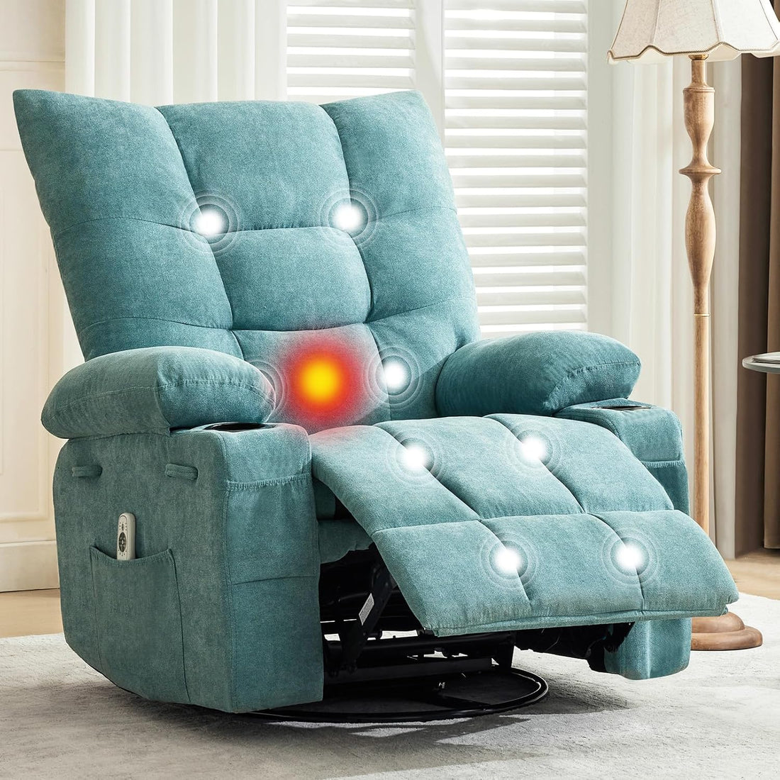 Garvee Swivel Recliner Chair with Massage & Heat for Elderly Adults, Ergonomic Lounge Single Sofa, Manual Recliner with Overstuffed Cushion, Side Pocket, Cup Holders for Living Room, Bedroom, Blue