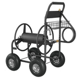 Garvee Heavy Duty 300FT Garden Hose Reel Cart – Mobile Outdoor Water Wagon with 4 Pneumatic Wheels, Powder-Coated Steel, Storage Basket, Leak-Free Brass – Black Base design + Bright Silver, Card Rear Frame