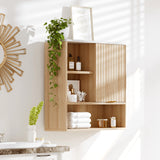 Garvee Fluted Bathroom Wall Cabinet – Wall Mounted Medicine Cabinet with Sliding Door, Faux Marble Top, Adjustable Shelf, Space-Saving Storage Organizer for Bathroom, Kitchen, or Laundry Room – Wood Color