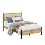 Garvee Boho Rattan Platform Bed Frame with Hand-Woven Wicker Headboard, Wood Slat Support, Underbed Storage, No Box Spring Needed, Quiet & Easy Assembly - Natural Wood, Full - Oak