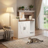 Garvee Modern Double Cat Litter Box Enclosure - Wooden Hidden Cat Washroom Cabinet with Divider & Shelf - Large Multi-Functional Cat House and Storage Bench - Odor Control, Indoor Side Table, White + Brown - White&Brown