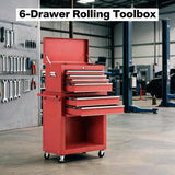 Garvee 6-Drawer Rolling Tool Chest Cabinet with Wheels, Heavy-Duty Metal Tool Storage Cart - Sliding Drawers w/ Liners - for Garage & Workshop - Red - Side Armrest - 3-Inch Wheels
