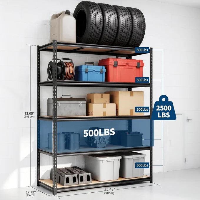 Garvee 5-Tier Heavy-Duty Freestanding Metal Storage Shelving Unit - Adjustable Boltless Utility Rack, 60" W x 24" D x 72" H - Garage/Basement/Warehouse - Black Matte Hole Position Change, 150*60*183