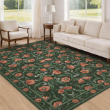 Garvee Washable Dark Green Floral Area Rug - Soft, Non-Slip, Low-Pile Pearl Velvet Carpet, Mark Resistant, for Living Room, Bedroom, Dining Room - 6x9ft (183x274cm), USA - Black