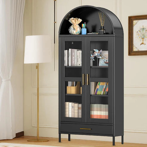 Garvee Tall Black Arched Metal Storage Cabinet with Glass Doors – 2 Adjustable Shelves, Drawer, Modern Freestanding Entryway Organizer – Pantry Display Cabinet for Living or Dining Room, Easy Assembly, Color: Black